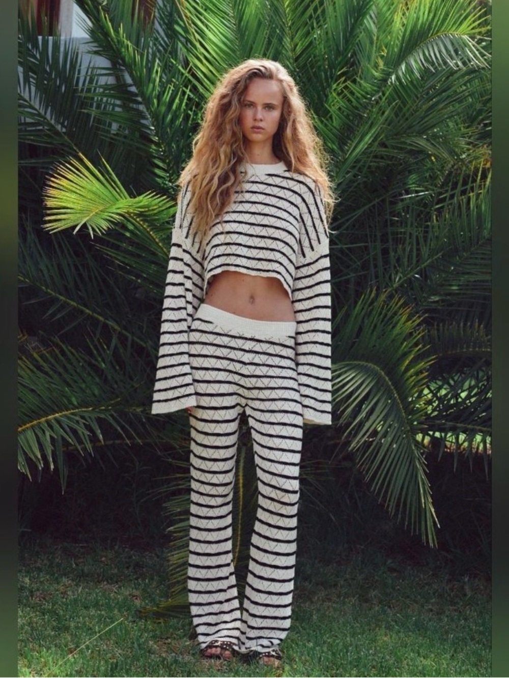 Zara Cream & Black Striped Wide-Leg Knit Pants